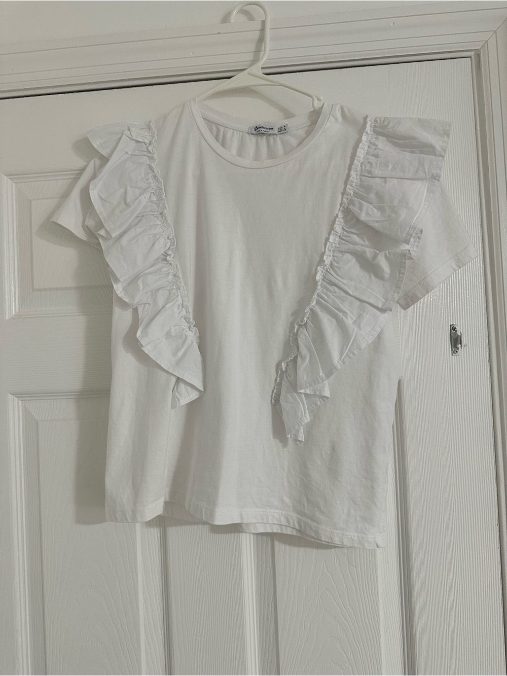stradivarius White Crew Neck Ruffle Detail Tee